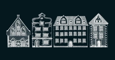European city architecture sketch. Old building drawings on chalkboard. Vintage houses set. Hand-drawn vector illustration. Architectural card design.  NOT AI generated